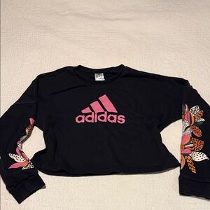 Adidas womans Black Sweatshirt with Pink Logo and Colorful Sleeves